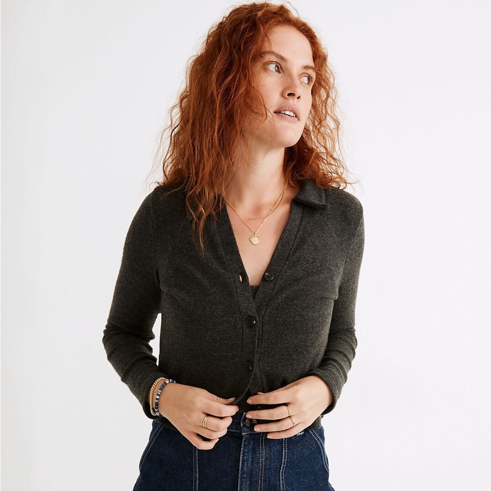 Madewell Brushed Rib Polo Crop Cardigan